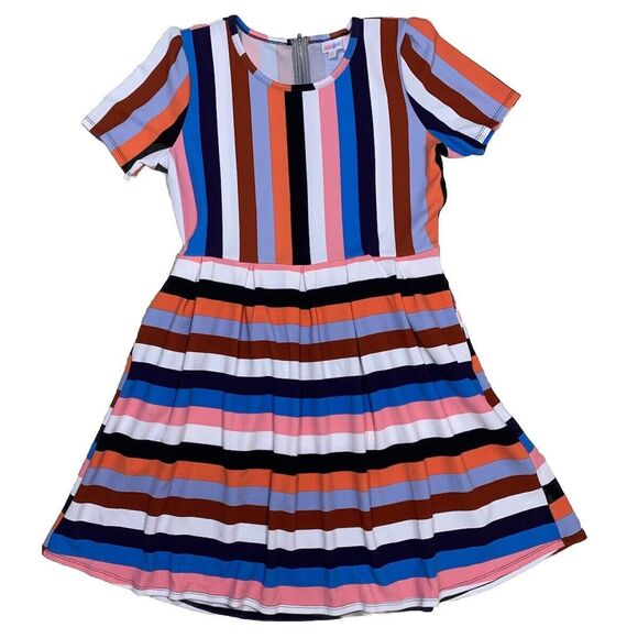LuLaRoe Womens Dress Size 3XL Amelia Black Blue‎ Pink Rainbow Stripes 3X NWT - Picture 1 of 5